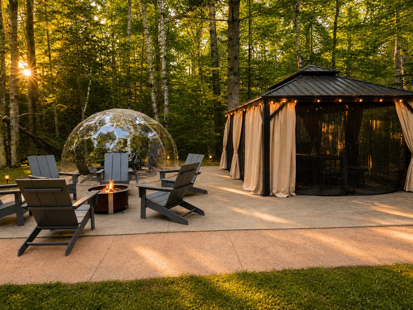 Geodome, fire pit and hot tub gazebo